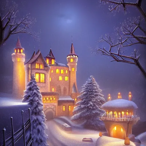 Prompt: luxury castle ,inspired by Evgeny Lushpin,winter,nighttime,cinematic,art station