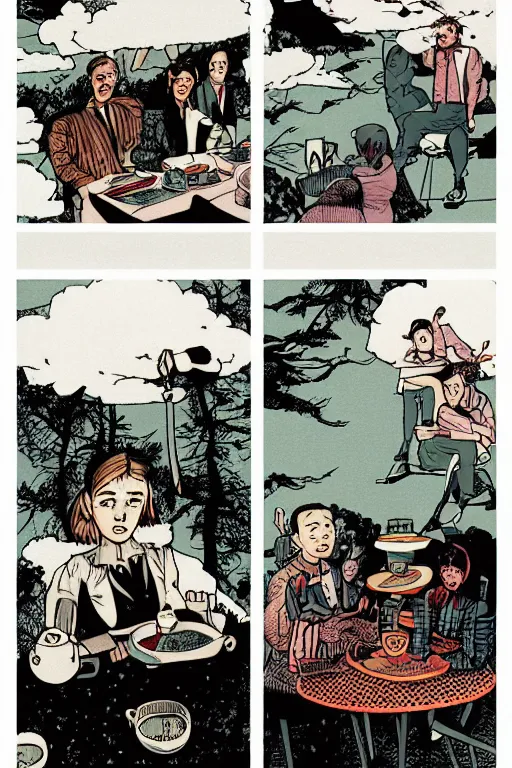 Image similar to a tea party in the clouds, graphic novel, high contrast, by lauri greasley