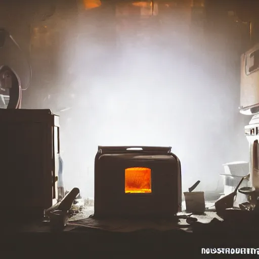 Image similar to toaster oven, dark messy smoke - filled cluttered workshop, dark, dramatic lighting, orange tint, cinematic, highly detailed, sci - fi, futuristic, movie still