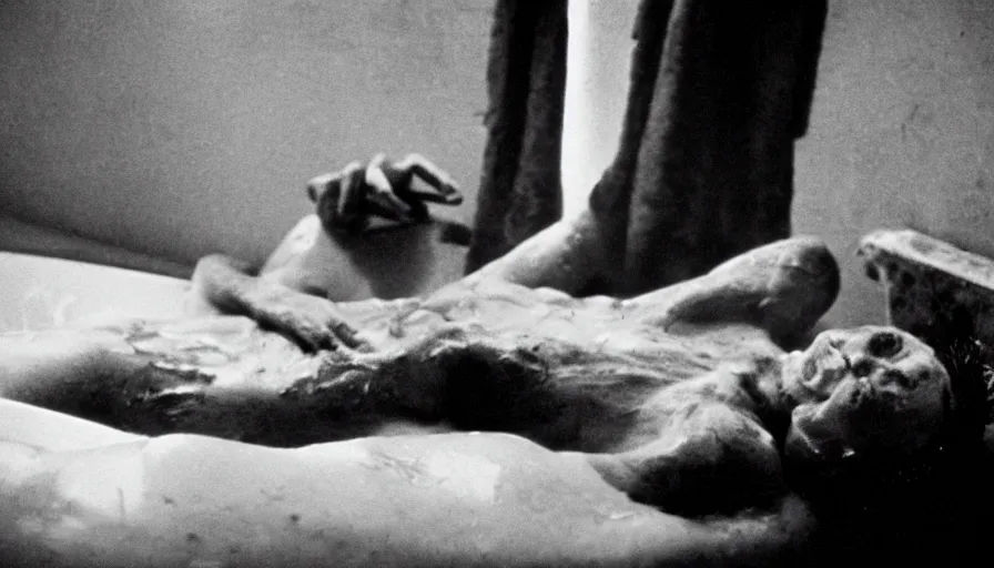 Image similar to 1 9 6 0 s movie still by tarkovsky of jean - paul marat a knife stuck in the chest in his bath, cinestill 8 0 0 t 3 5 mm b & w, high quality, heavy grain, high detail, panoramic, cinematic composition, dramatic light, anamorphic, raphael style, piranesi style, bloody