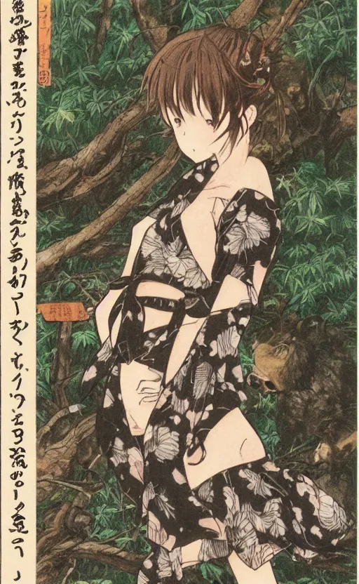 Prompt: by akio watanabe, manga art, boar is curios about girl with brown hair sitting in forest, trading card front, kimono, realistic anatomy