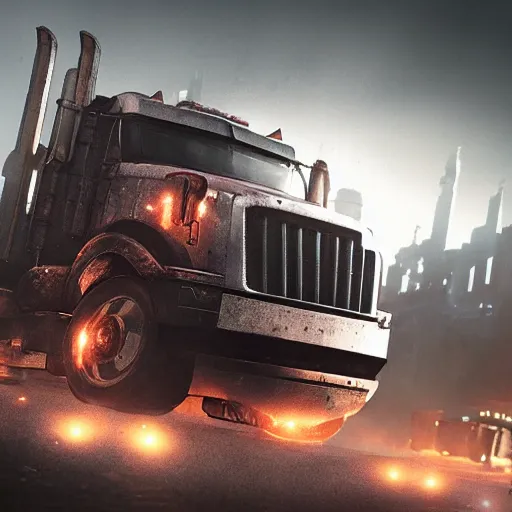 Prompt: truck stampede by Greg Rutkowski, Sung Choi, Mitchell Mohrhauser, Maciej Kuciara, Johnson Ting, Maxim Verehin, Peter Konig, Bloodborne, macro lens, 35mm, 8k photorealistic, cinematic lighting, HD, high details, atmospheric