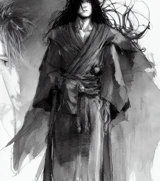 Prompt: portrait of anime boy with long hair wearing a dark robe, pen and ink, intricate line drawings, by craig mullins, ruan jia, kentaro miura, greg rutkowski, loundraw