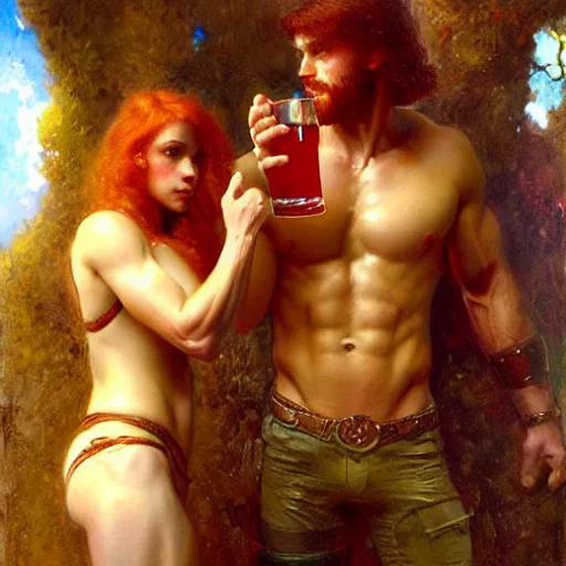 Image similar to attractive muscular mike with ginger hair with muscular attractive tyler with brunet hair, drinking their hearts out, in their noble mansion. very defined and highly detailed painting by gaston bussiere, craig mullins, j. c. leyendecker 8 k