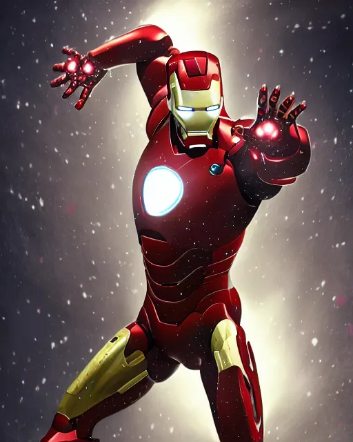 Image similar to ironman in a christmas themed suit, dynamic lighting, fantasy concept art, trending on art station, stunning visuals, creative, cinematic, ultra detailed