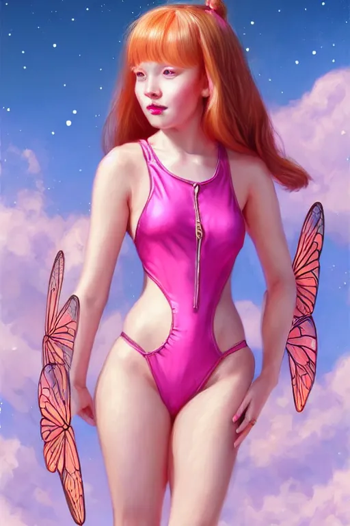 Prompt: beautiful full body portrait of a ginger woman in pigtails, wearing a sparkling pink one piece swimsuit with giant! dragonfly wings, by wlop and artgerm, steampunk! fiction, detailed eyes, starry background, trending, on artstation.