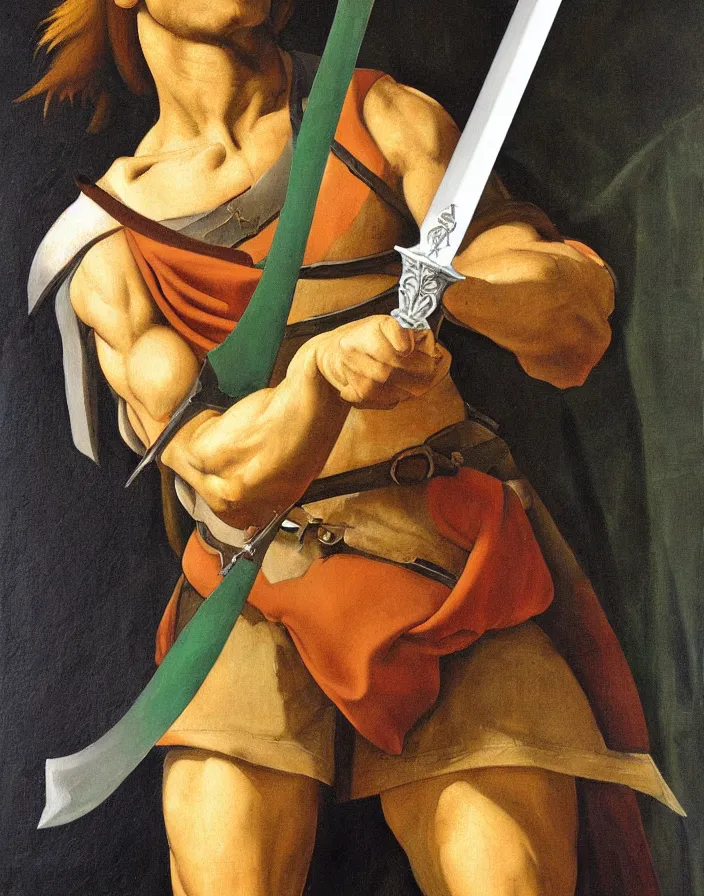 Image similar to oil painting half-length portrait of Link holding the mastersword by Michelangelo