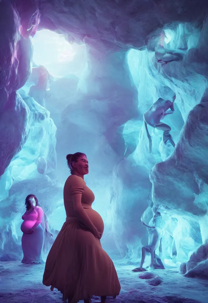 Image similar to epic leader pregnant woman talking to all her tribe with fluorescence bodies, proud people looking at the pregnant woman, ice cave, facinating, fantasy digital art, octane render, beautiful composition, trending on artstation, coherent, masterpiece, photorealistic