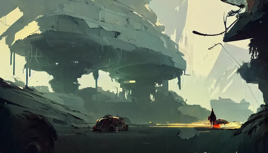 Image similar to concept art by jama jurabaev and ismail inceoglu and sparth, creative enviroment with creative shapes in the terrain, cel shaded, cinematic shot, trending on artstation, high quality, brush stroke