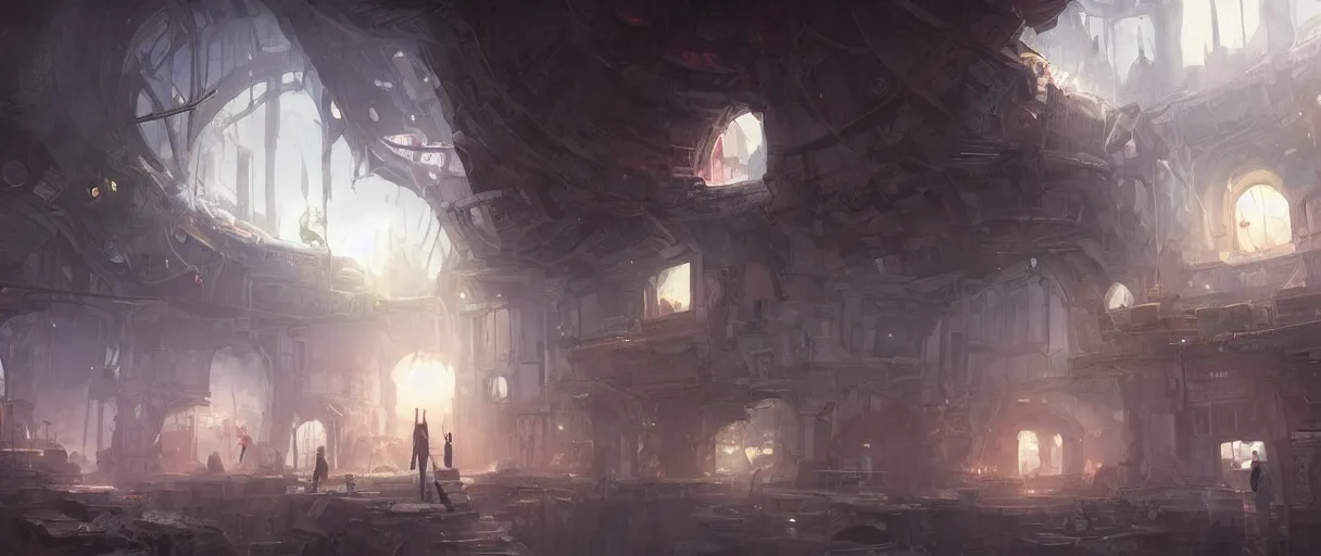 Image similar to ramshackle village built around large dome, concept art, digital painting, style of jordan grimmer, warm lighting, futuristic, volumetric lighting, view from below,dark, nighttime, godrays, high detail