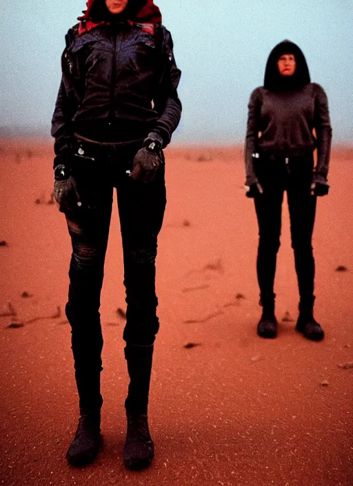 Image similar to cinestill 5 0 d photographic portrait of two loving female androids wearing rugged black techwear on a desolate plain with a red sky, extreme closeup, lizard on ground, cyberpunk style, in front of a brutalist dark metal facility, dust storm, 3 5 mm, 8 k, f / 3 2, high resolution, ultra realistic faces