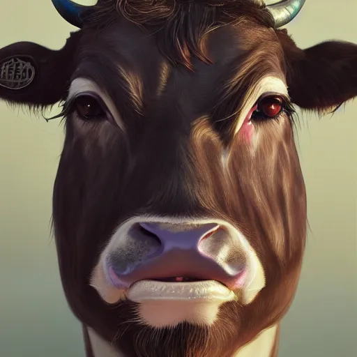 Prompt: portrait of a man - faced cow, hyper detailed, 3 / 4 shot, digital art, trending in artstation, cinematic lighting, studio quality, smooth render, unreal engine 5 rendered, octane rendered, art style by klimt and nixeu and ian sprigger and wlop and krenz cushart