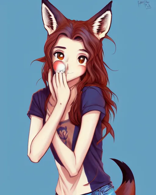 Prompt: fullbody portrait of wild half - fox woman with fox nose and ears, wearing summer jeans shorts and tshirt, anime art, concept art, detailed attractive face with fox nose and fox mouth, symmetrical, trending on pixiv, by lois van baarle by sung choi by john kirby artgerm style pascal blanche and magali villeneuve