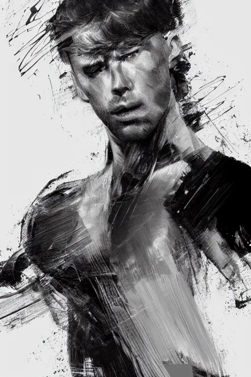 Image similar to minimal thick paint brush strokes of a thin athletic male body posing, abstract minimalist line art, beautiful, flowing brush, matte paint colors, digital art trending on artstation