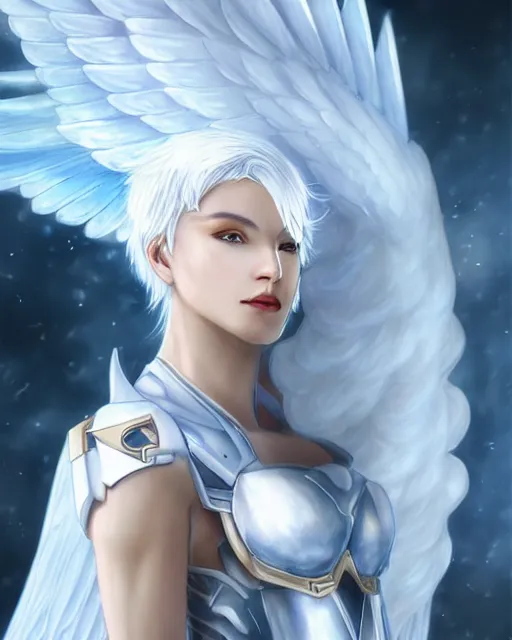 Image similar to perfect white haired egyptian goddess with huge white dove wings, warframe armor, attractive, beautiful, symmetric, dreamy, half asian, pretty face, blue eyes, detailed, scifi platform, laboratory, experiment, 4 k, ultra realistic, epic lighting, android body, illuminated, cinematic, masterpiece, art by akihito tsukushi, voidstar