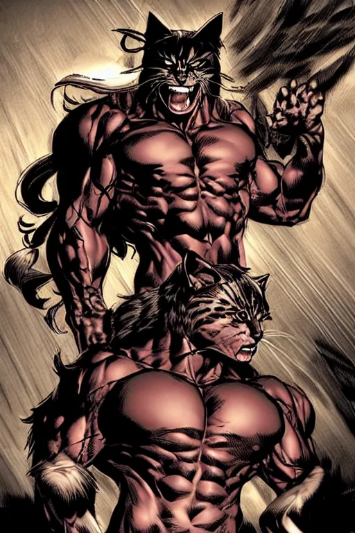 Prompt: character art by mike deodato, man with cat ears, absolute chad