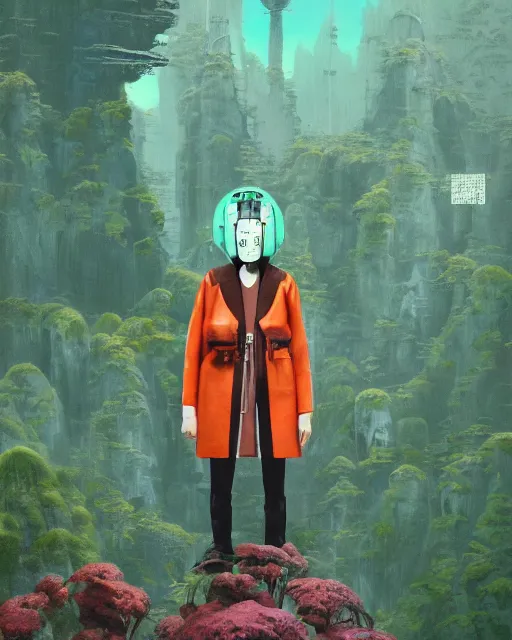 Image similar to portrait of alone androgynous girl wearing long orange vintage leather coat and wearing giant modular synthesizer 8 0 s sony stereo helmet and backpack. bakelite cliffs, moss green japanese forest background, ultrafine hyperdetailed illustration by hsiao - ron cheng and artgerm, the grand budapest hotel, glow, no crop, digital art, artstation, pop art