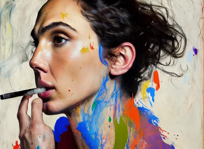 Prompt: portrait of gal gadot smoking a sigaret, by vincent lefevre and hernan bas and pat steir and hilma af klint, psychological, photorealistic, dripping paint, washy brush, rendered in octane, altermodern, masterpiece