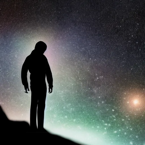 Image similar to silhouette of man, filled with deep space field of twinkling stars, award-winning portrait, fantasy horror, 8k, 4k, , matte finish, pixiv, unnerving, volumetric lighting, highly detailed