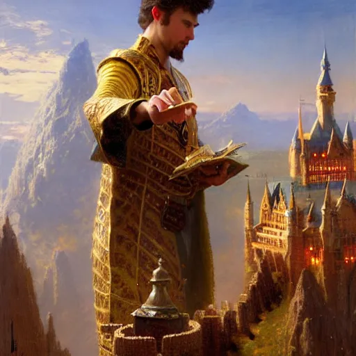 Prompt: stunning male master wizard building a castle with his magic, highly detailed painting by gaston bussiere, craig mullins, j. c. leyendecker, 8 k