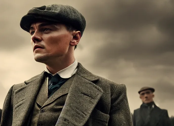 Image similar to film still of Leonardo DiCaprio as Thomas Shelby in Peaky Blinders, 4k