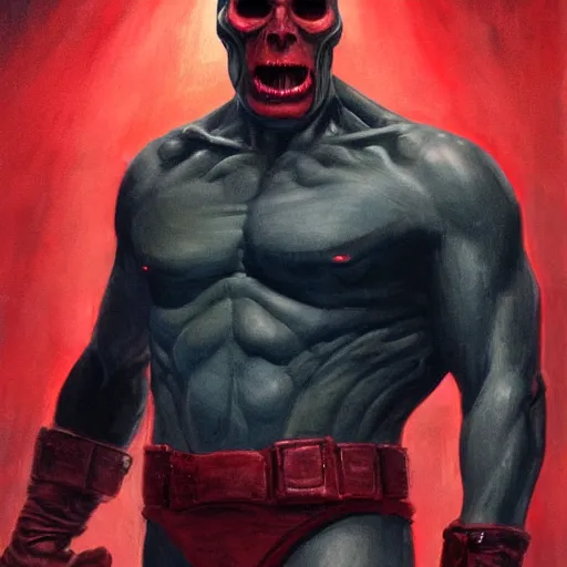 Prompt: ultra realistic portrait painting of red skull as voldemort, art by frank frazetta, 4 k, ultra realistic, highly detailed, epic lighting