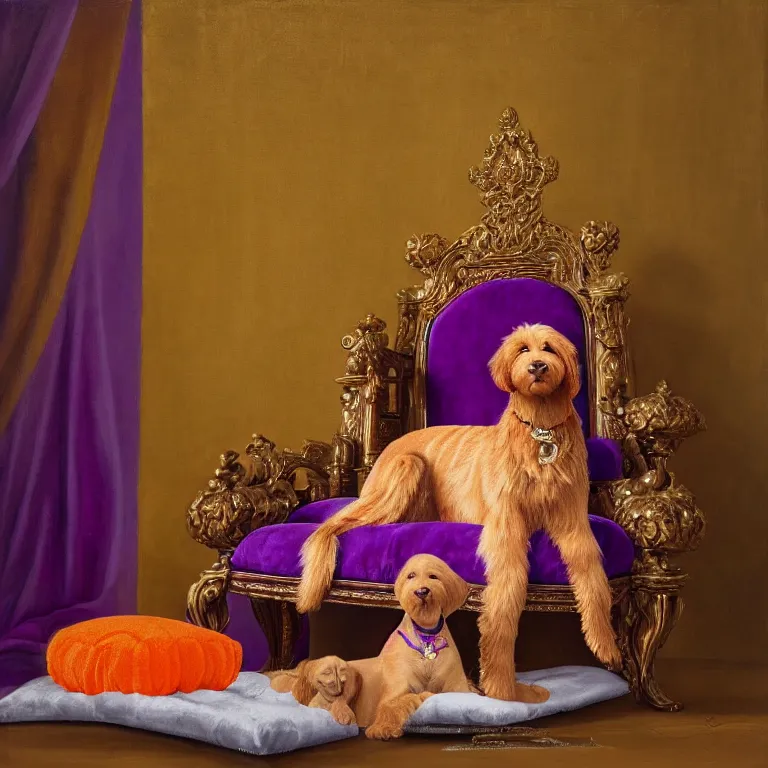Prompt: a portrait of an empty royal throne, flanked by an orange tabby sitting on a floating purple pillow to the left of the throne, flanked by a brown goldendoodle sitting on a floating purple pillow to the right of the throne, oil on canvas, soft lighting, 8 k