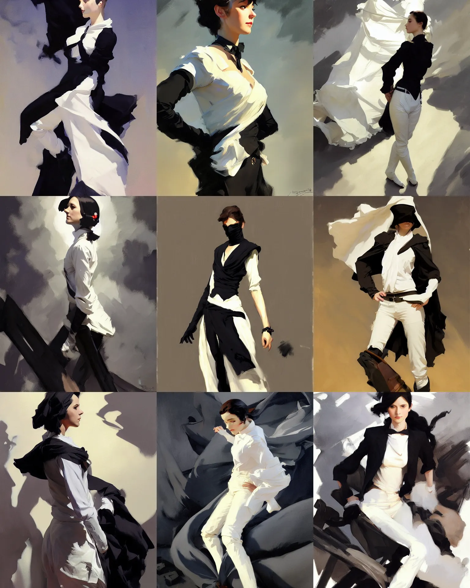 Prompt: black white cloth fabric jodhpurs greg manchess painting by sargent and leyendecker, studio ghibli, fantasy, medium shot, asymmetrical, intricate, elegant, matte painting, illustration, hearthstone, by greg rutkowski, by greg tocchini, by james gilleard, by joe fenton