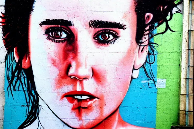 Image similar to Street-art portrait of Jennifer Connelly (1990), in style of Seaty