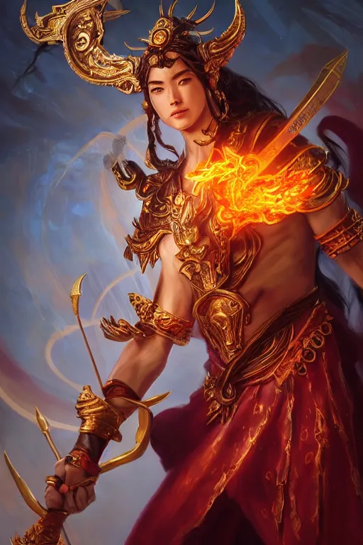 Image similar to a masterpiece portrait of nezha, legendary god holding spear, man, flame everywhere, epic pose, fantasy character portrait, closeup shot, hyper detailed, digital painting, 8 k realistic, trending on artstation, sharp focus, dof, by fenghua zhong, artgerm, ne zha from smite, jeff easley, raymond swanland