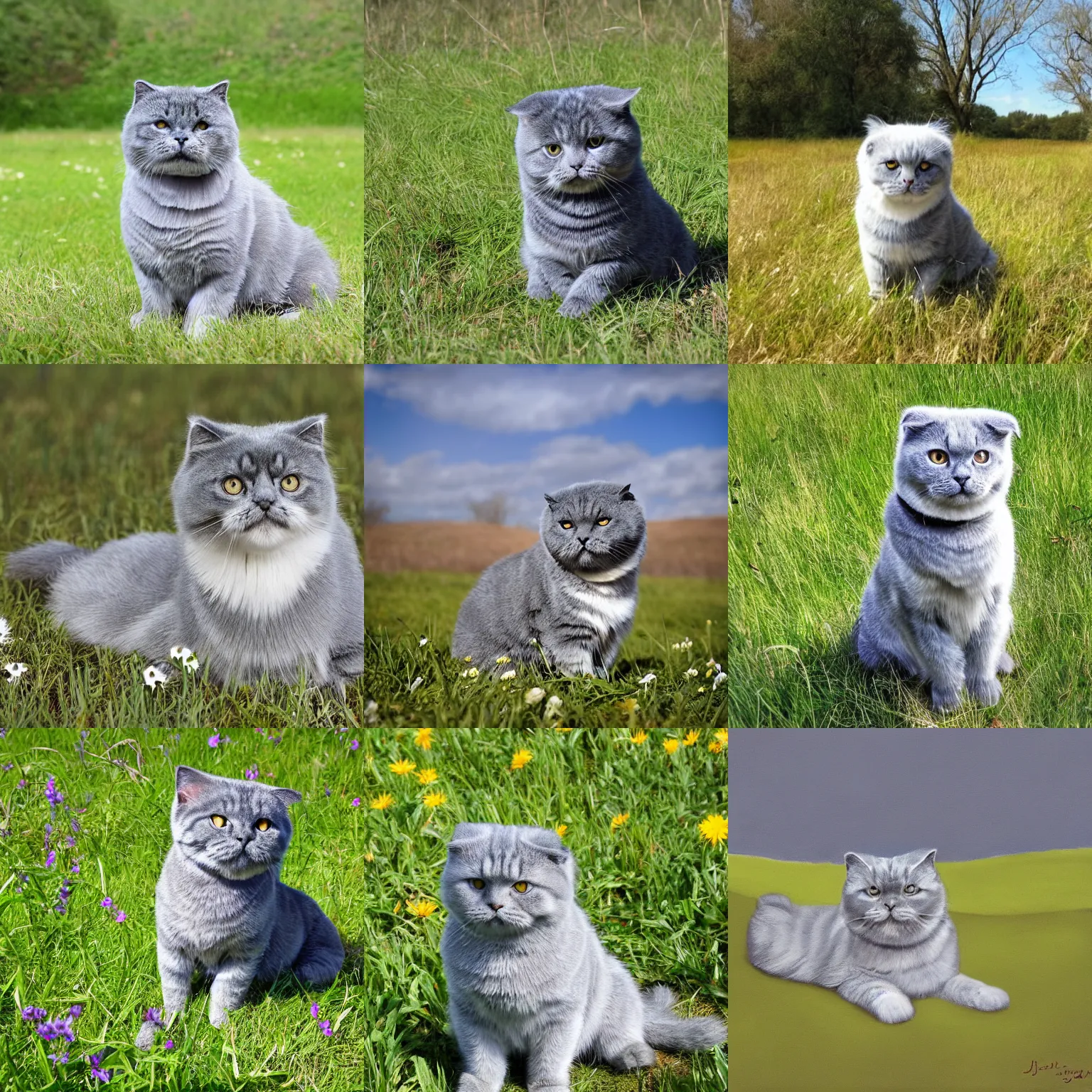 Prompt: a gray scottish fold sitting in the middle of sunny meadow, by joy hesterl
