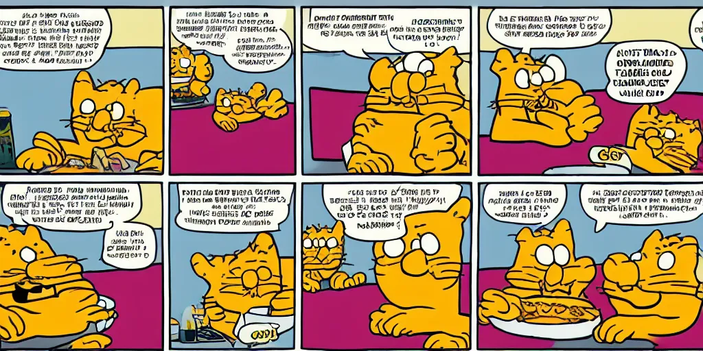 Prompt: three panel garfield comic strip about taco bell.