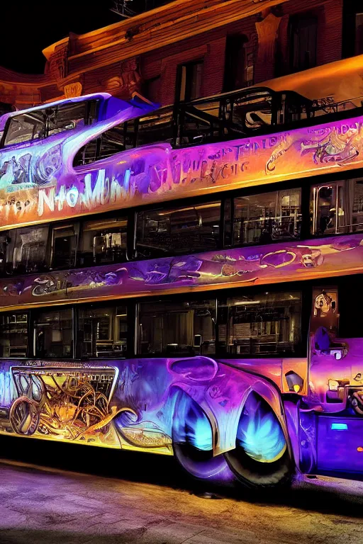 photo of a steampunk nightliner bus outside in las Stable Diffusion
