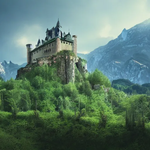 Prompt: a photo of a castle covered by nature, cinematic, very detailed, 8 k uhd, mountains in the horizon