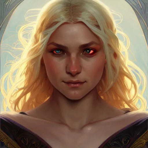 Image similar to an epic fantasy comic book style head portrait painting of a young blonde girl thief, d & d, fantasy, joyful smirk, intricate, elegant, digital painting, artstation, concept art, matte, sharp focus, illustration, art by artgerm and greg rutkowski and alphonse mucha