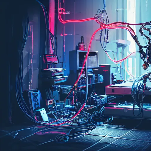 Image similar to cyberpunk skull machine, wires cables, red lights,