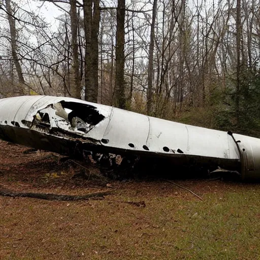 Prompt: ancient airplane fuselage crash in the woods