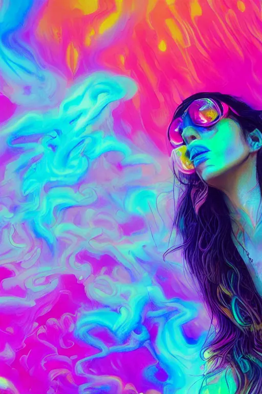 Prompt: a beautiful woman engulfed in colorful liquid clouds and neon smoke, extremely psychedelic experience, psilocybin, dmt, lsd, perfect face, synthwave, artstation, close - up, sharp focus, digital art, hana yata, and artem demura and beeple, lisa frank, cyberpunk, octane, unreal engine, 8 k