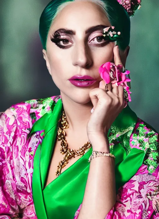 Image similar to portrait of lady gaga wearing green kebaya with pink silk belt and batik skirt, by charlotte grimm, natural light, detailed face, beautiful features, symmetrical, canon eos c 3 0 0, ƒ 1. 8, 3 5 mm, 8 k, medium - format print, half body shot