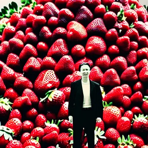 Image similar to photograph of a man standing proudly next to a huge strawberry, photograph, vintage, black and white, detailed, realistic