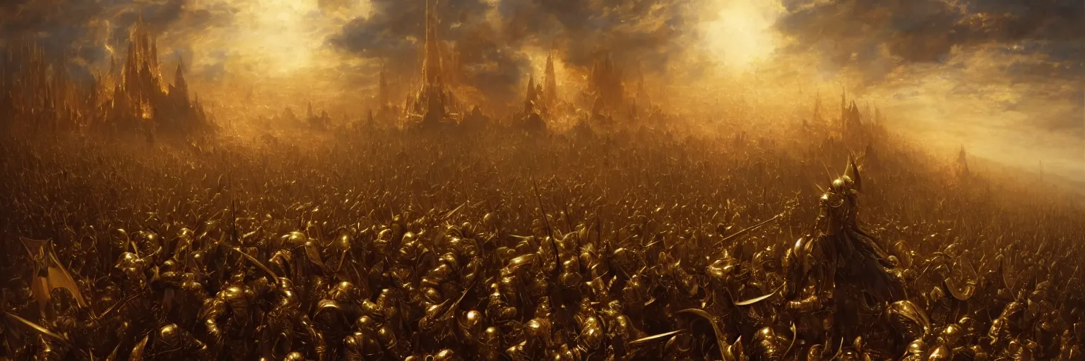 Image similar to sauron in a golden armor in a battlefield, dark foggy background, painting by gaston bussiere, j. c leyendecker, gustave dore, extremely realistic and highly detailed 8 k, sharp focus, mysterious atmospheric lighting, octane render, dramatic volumetric lighting, golden ratio, extremely realistic faces