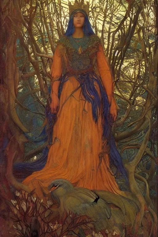 Image similar to the queen of the forest with her birds, by Annie Swynnerton and jean delville and Nicholas Roerich and Tino Rodriguez, elaborately costumed, rich color, dramatic cinematic lighting, smooth, sharp focus, extremely detailed, featured on artstation