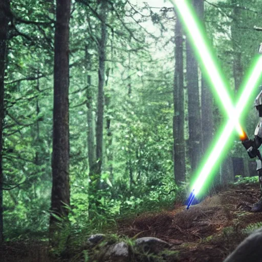 Prompt: Man wielding a light saber from Star Wars in real life in the forest, cutting down a tree using the light saber, 8k, cinematic, epic composition, award-winning