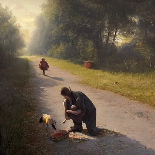 Image similar to painting of a man feeding a poor boy on a country road, surreal highly detailed, artstion greg rutkowski