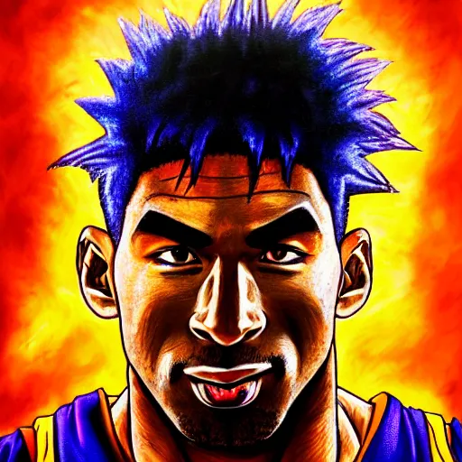 Image similar to ultra realistic portrait painting of kobe bryant as goku, art by akira toriyama, 4 k, dragon ball artstyle, cel shaded, highly detailed, epic lighting