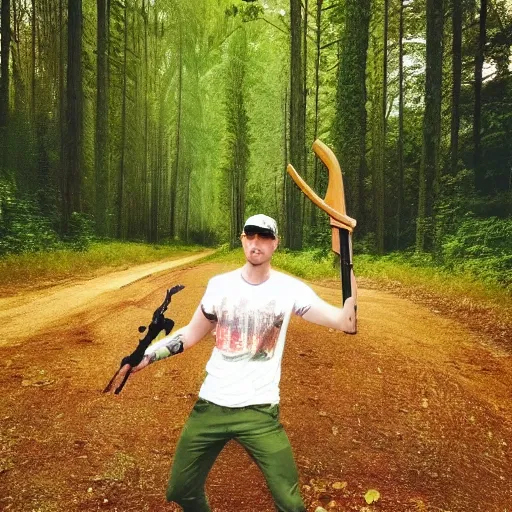 Image similar to giga chad from the memes holding a weapon in a forest the weather is raining