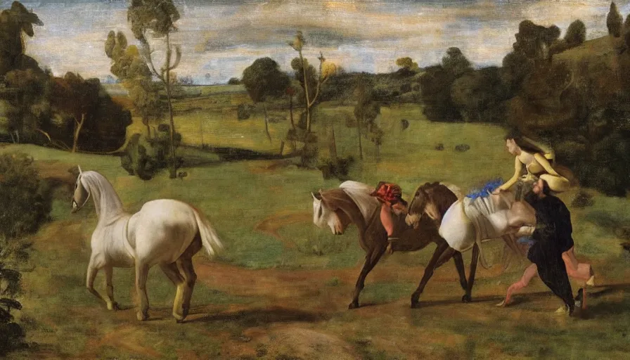 Prompt: pulling the iridescent horse Artax from a dreary swamp, in the style of Artemisia Gentileschi