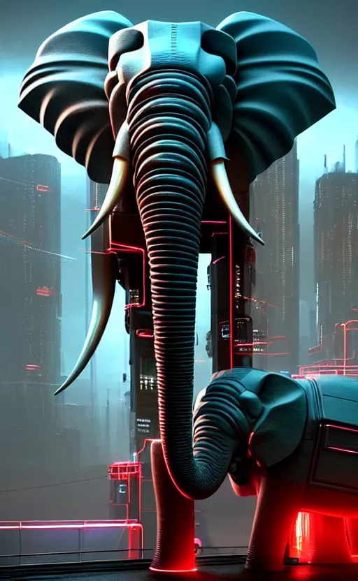 Prompt: hyper realistic and higly detailed photo of a cyberpunk mech elephant. full elephant is seen. intricate, wiring, electronic components, color diodes. volumetric light. professional digital art, lotr style, extremly detailed, trending on artstation, stuning, octane render, unreal engine 5, 8 k rendering.