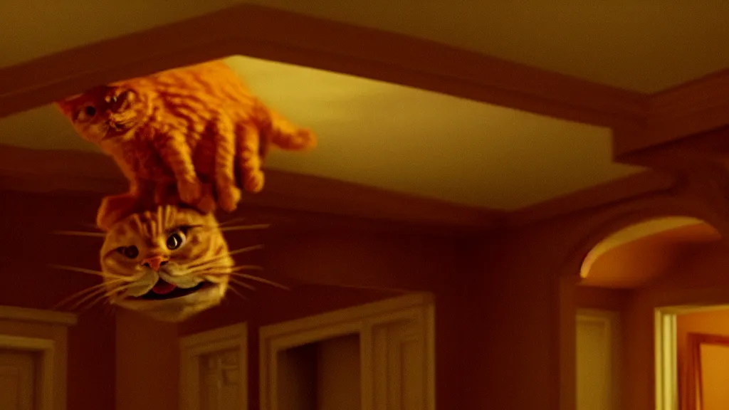 Prompt: a strange Garfield crawls on the living room ceiling, film still from the movie directed by Wes Anderson with art direction by Zdzisław Beksiński, wide lens