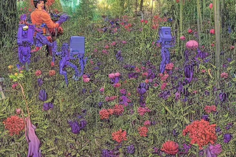 Image similar to super - detailed scene twilight junkyard, louisiana swamps, indigo blooming flowers garden, 8 k, 8 0 s japanese sci - fi books art, artwork by jean giraud